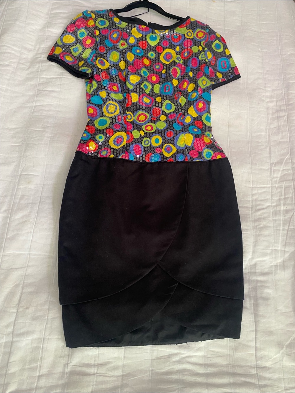 Vintage A.J. Bari Multicolor Floral Sequin Top Black Skirt Cocktail Dress